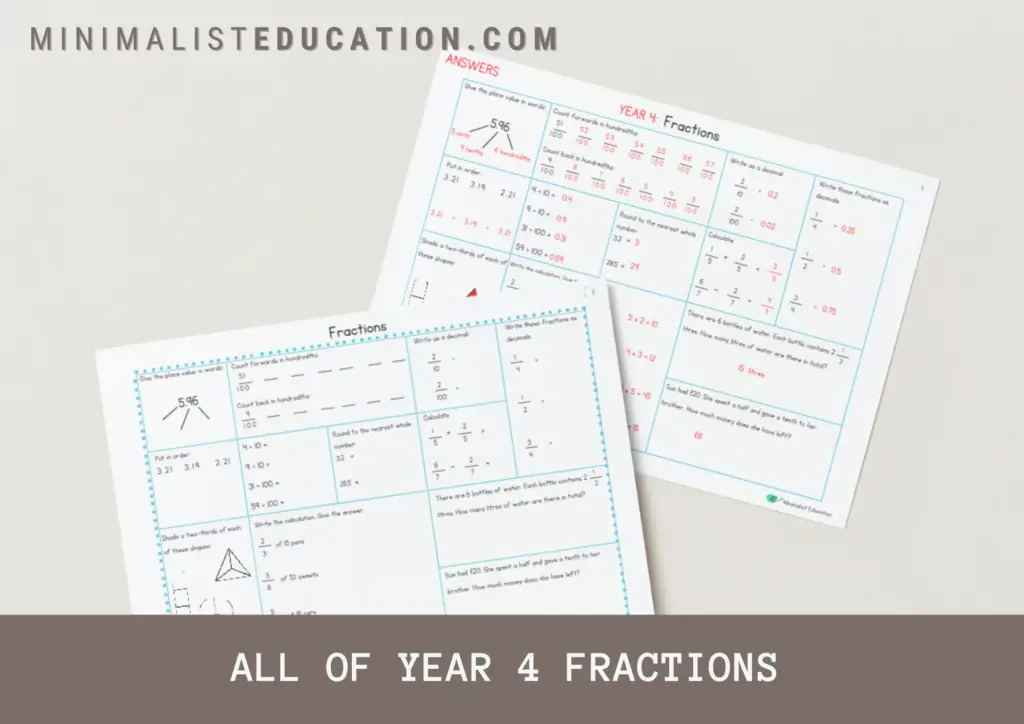 year 4 maths assessment worksheet fractions 