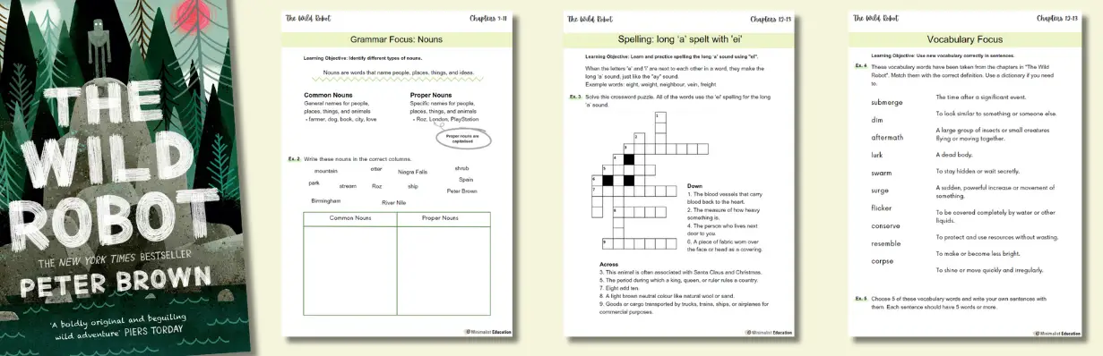 The Wild Robot literature study guide based on Chapters 9-13. Free resources and worksheets.